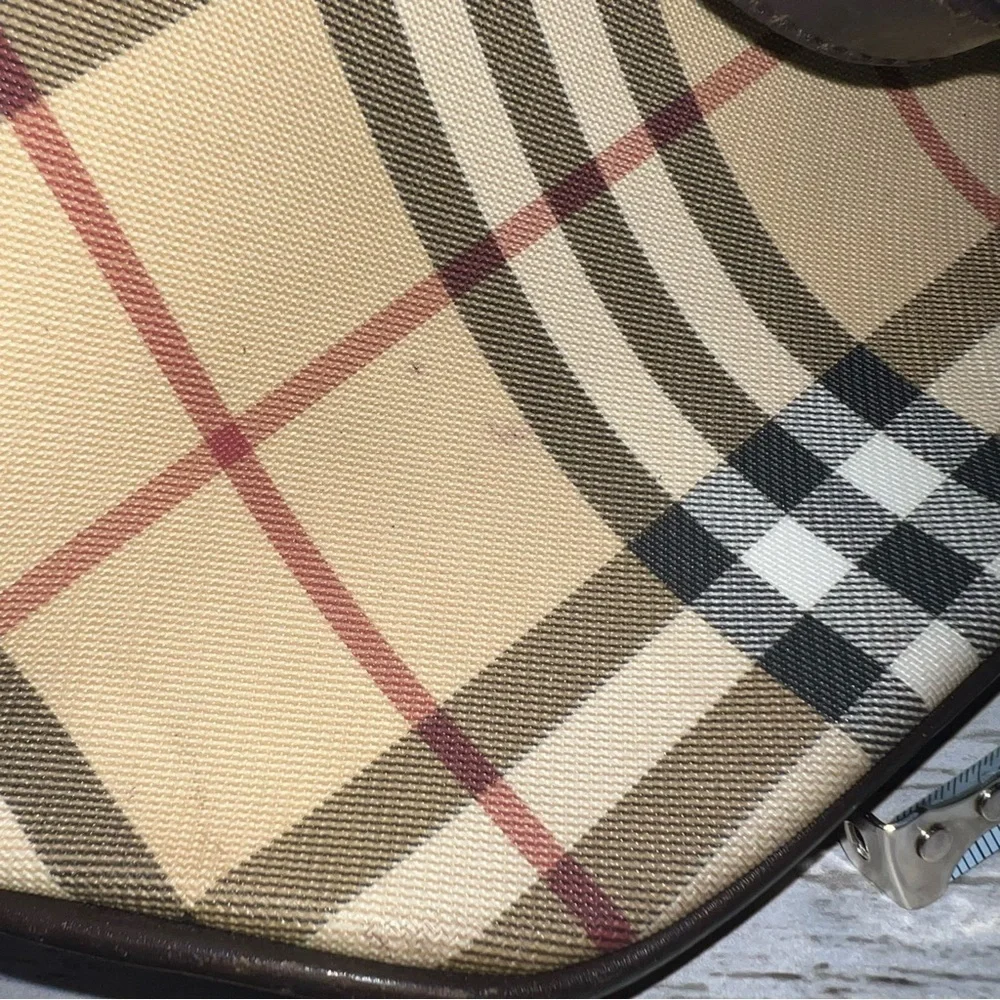Burberry Vintage Nova Check Tote Bag Brown Leather Trim Plaid Shoulder Handbag